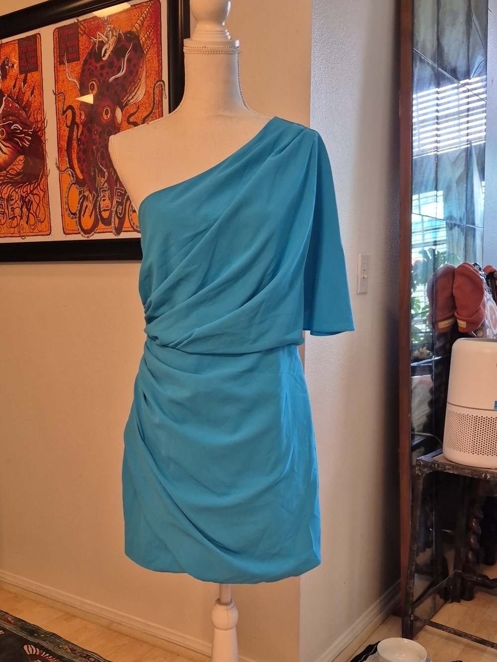 Do+Be Blue Draped One Cold Shoulder Mini Dress